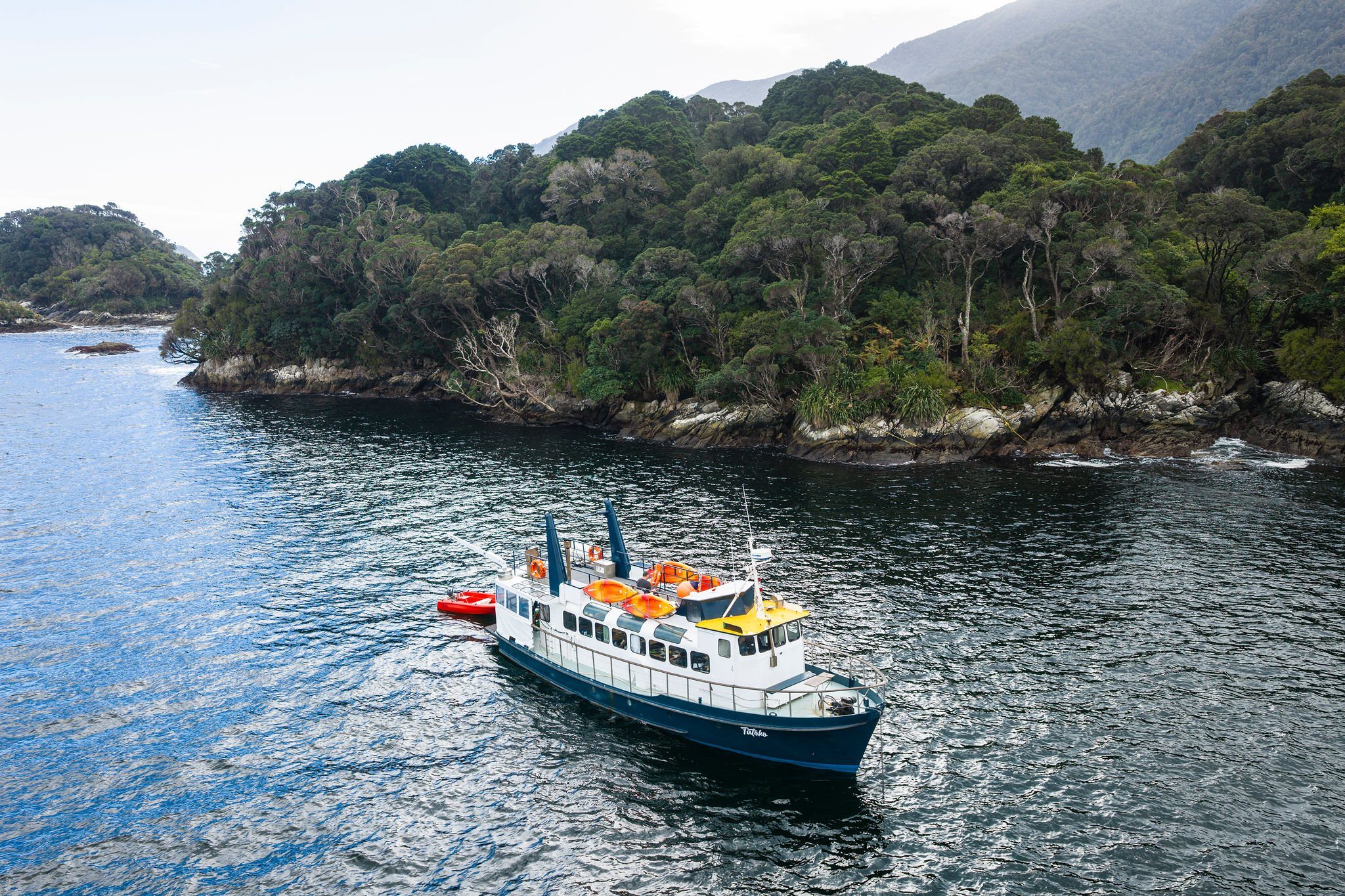 MV Tutoko at anchor near the Shelter Islands in Doubtful Sound, Fiordland, during the Tawaki Project nest survey