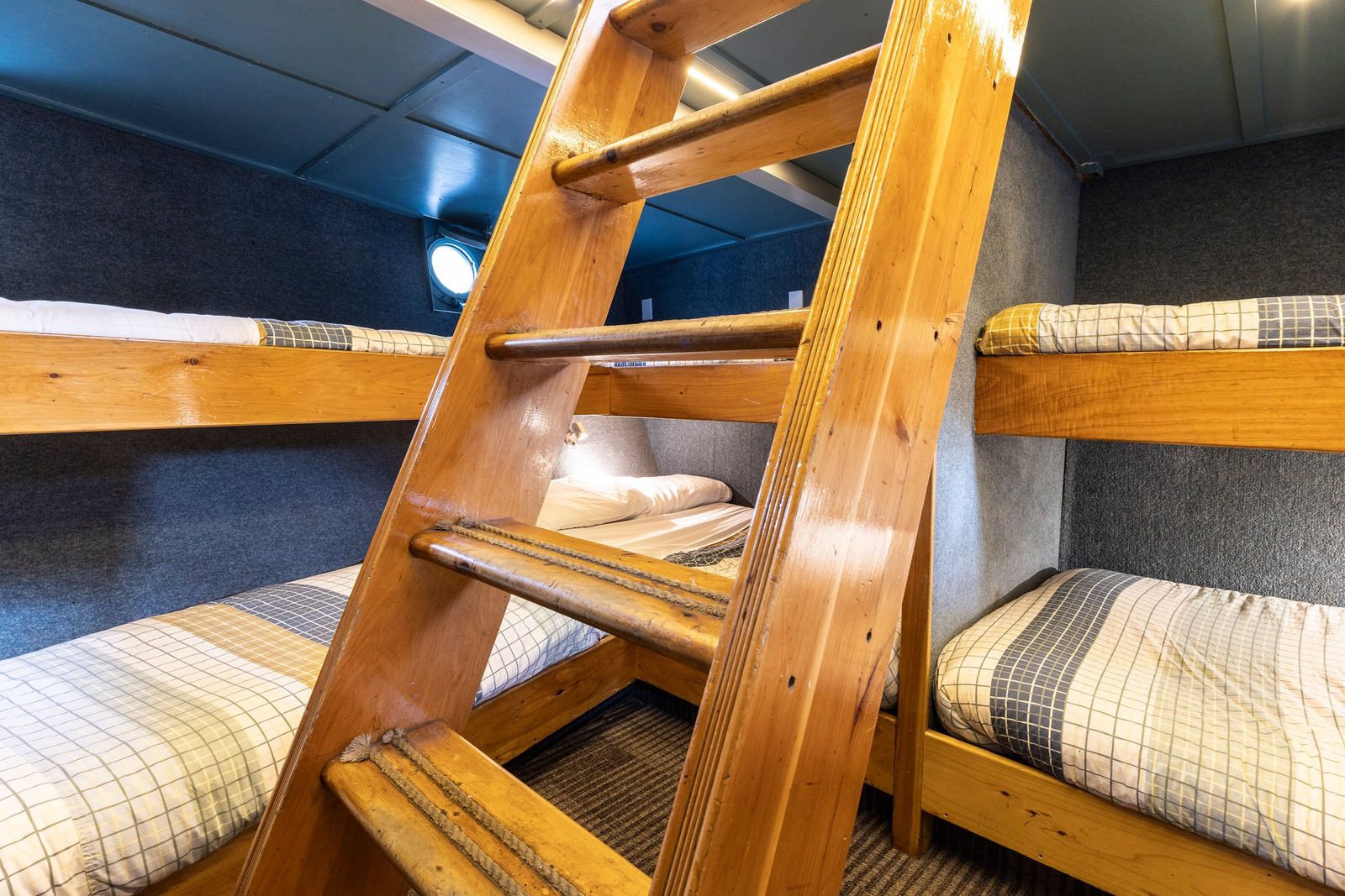 Bunk cabin with timber ladder and berths aboard MV Tutoko