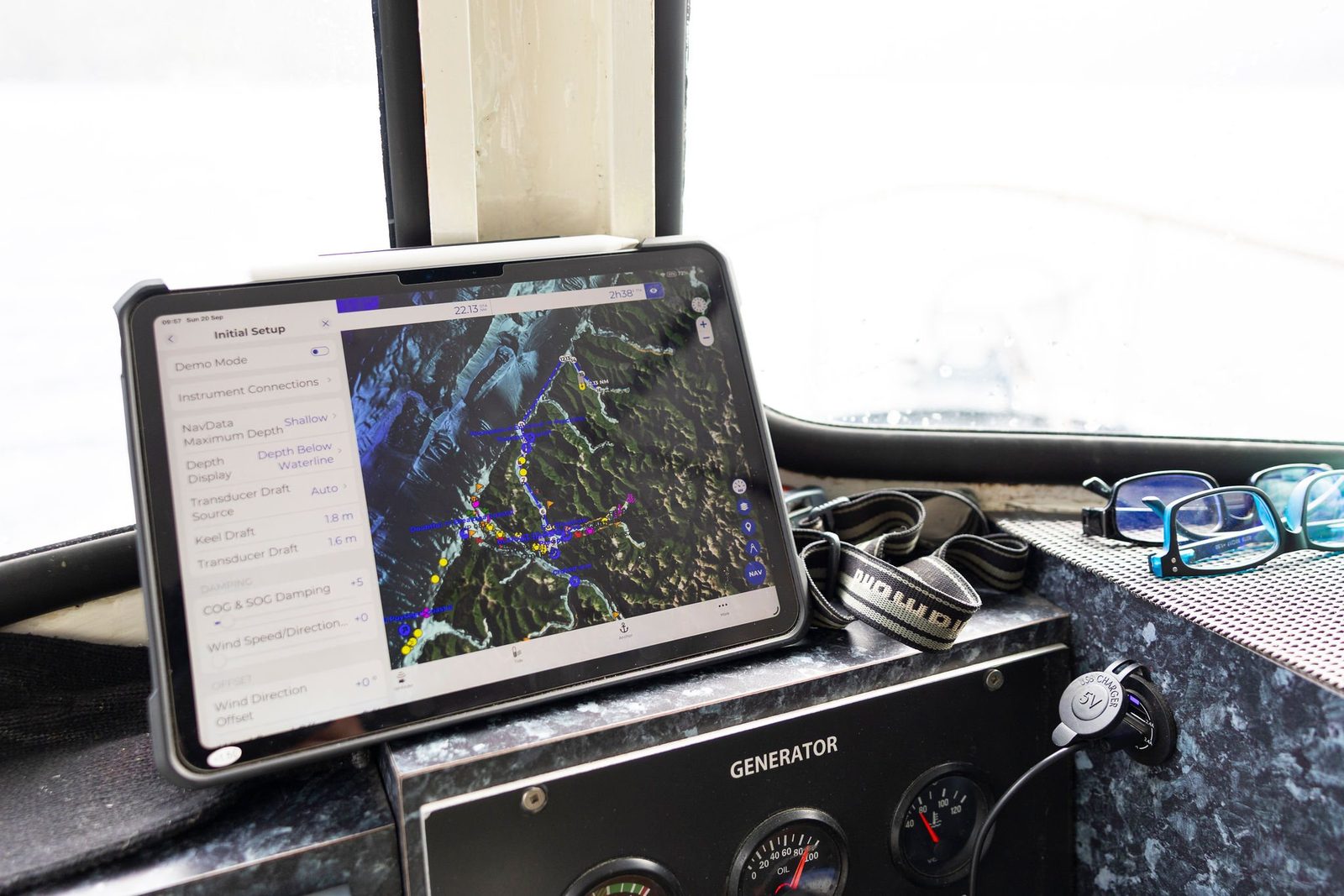 Tablet showing a nest survey map in the wheelhouse of MV Tutoko