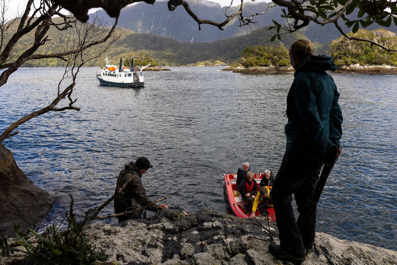Tawaki Project survey team beside a Zodiac on the Doubtful Sound shoreline